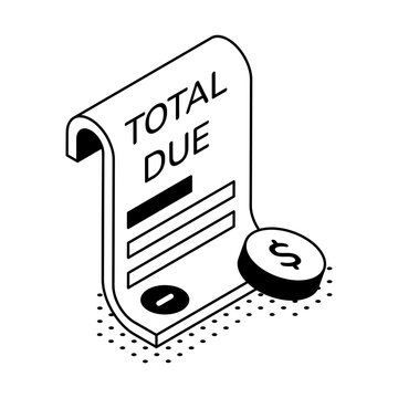 An isometric bill marked total due with coins represents outstanding payments, account balances, repayment amounts, obligations, and billing.