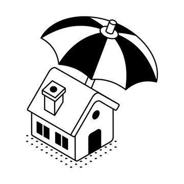 An isometric house under an umbrella represents property protection, mortgage security, financial coverage, housing safety, and risk management.