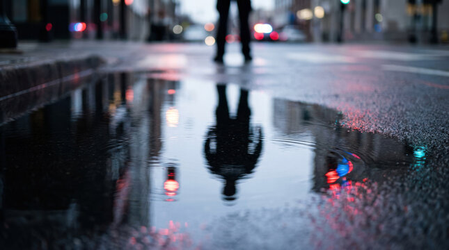 Silhouette reflection puddle rain street urban officer night evokes eerie tension as lone figure stands on soaked pavement under blurred neon glow