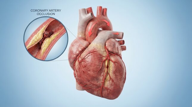 Heart anatomy showing the impact of plaque buildup and blood clots in a blocked coronary artery.