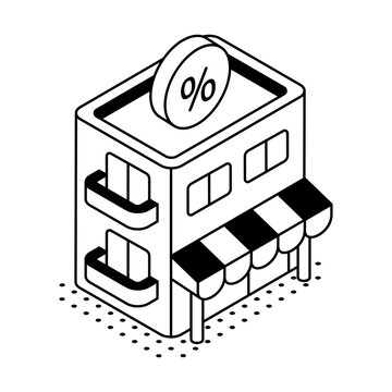 An isometric storefront with a percent symbol represents discounted pricing, retail finance, promotional offers, commercial sales, and store savings.