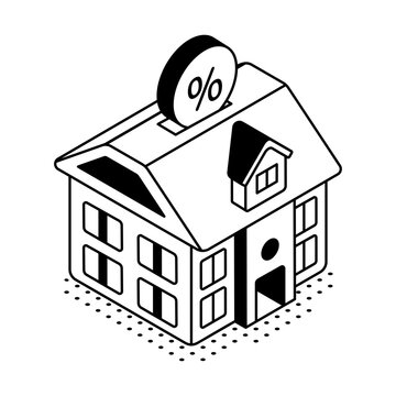 An isometric house with a percent symbol represents mortgage rates, home financing costs, property lending, interest charges, and repayment planning.