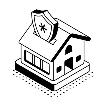 An isometric house with a shield represents home insurance, property protection, financial coverage, mortgage security, and residential risk support.