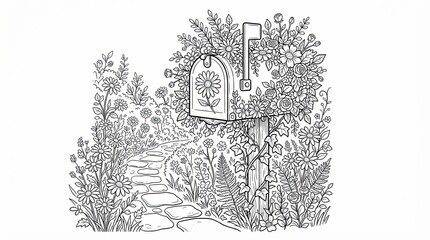 Fototapeta premium Black and white illustration of a mailbox surrounded by garden flowers