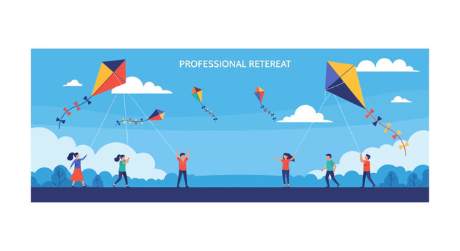 Professional Retreat Team Building Illustration with Diverse Group Flying Kites