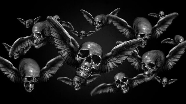 Animated group of skulls with wings flying in puppet stop-motion style. Multiple skulls with outstretched wings in a looping flight formation, rendered with a handmade, tactile aesthetic. 