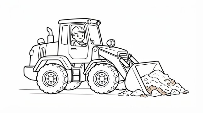 Little boy driving a yellow construction loader truck line art drawing