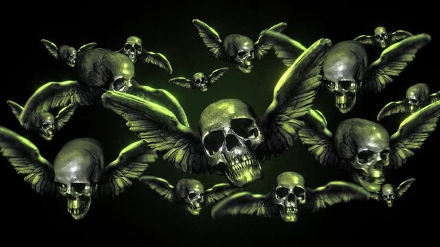 Animated group of skulls with wings flying in puppet stop-motion style. Multiple skulls with outstretched wings in a looping flight formation, rendered with a handmade, tactile aesthetic. 