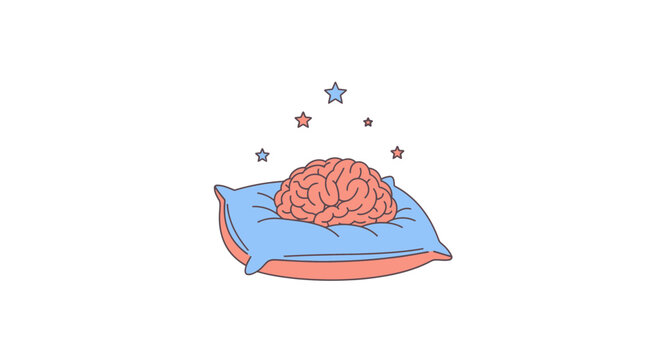Human Brain Resting on a Pillow with Stars for Sleep and Mental Health Illustration