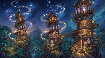Obraz premium Three magical fairy tale castle towers glowing under a night sky
