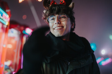 Naklejka premium A smiling young man in glasses wears reindeer antlers and a warm scarf. He enjoys a festive nighttime carnival atmosphere with colorful neon lights and friends.