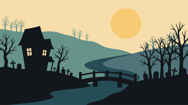 A spooky halloween scene vector illustration a silhouette of a haunted house winding path bare trees and a glowing full moon in