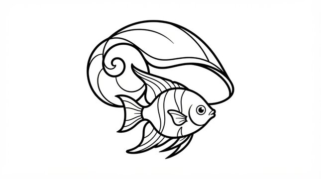 Black and white outline drawing of a tropical angelfish and seashell