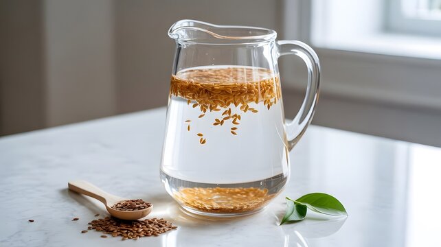 Glass pitcher filled with fresh water and golden flax seeds sitting on a white marble table