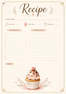 Charming recipe template with pastel cupcake illustration. Perfect for recording baking recipes. Elegant vintage style with spaces for ingredients, instructions, and notes. Ideal for kitchen organizat