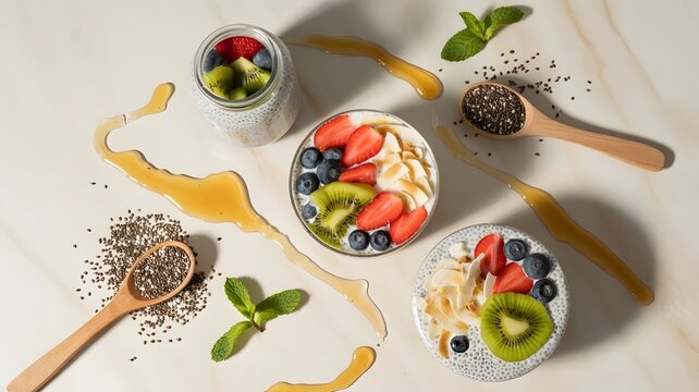 Chia seed pudding bowls topped with fresh strawberries kiwi slices and blueberries on white marble surface