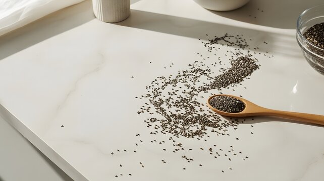 Organic chia seeds scattered on white marble countertop with wooden spoon under warm morning sun light