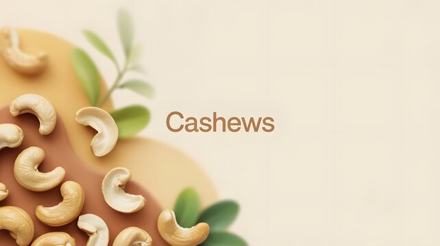 Delicious organic cashew nuts arranged artistically on a soft cream background with elegant green leafy accents