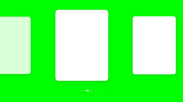 Horizontal swipeable carousel interface design with rounded white rectangular cards on a vivid chroma key green background for mobile application developers