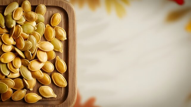 Golden pumpkin seeds arranged neatly on a smooth wooden tray with soft blurred autumn leaf background