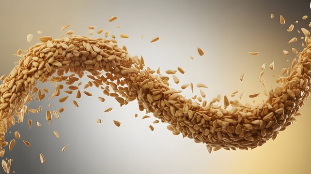 Sunflower seeds flowing in a dynamic wave pattern against a soft light neutral gradient studio background