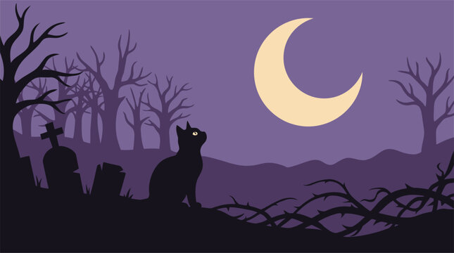 A spooky and delightful halloween night scene with a crescent moon silhouetted trees a black cat and gravestones perfect for seasonal designs
