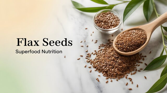 Brown flax seeds piled on marble table with wooden spoon and small glass serving bowl
