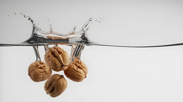 Fresh brown walnuts falling into clear water creating dynamic bubbles and a sharp high speed splash