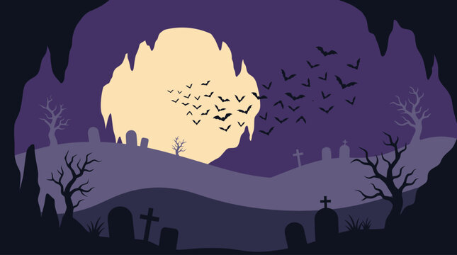 A spooky halloween background vector illustration featuring a mysterious haunted castle graveyard silhouette under a bright crescent moon night sky