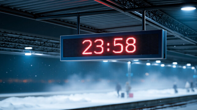 Digital clock displaying 23:58 at a snowy train station platform with blurred figures of passengers waiting in the background under a metal canopy