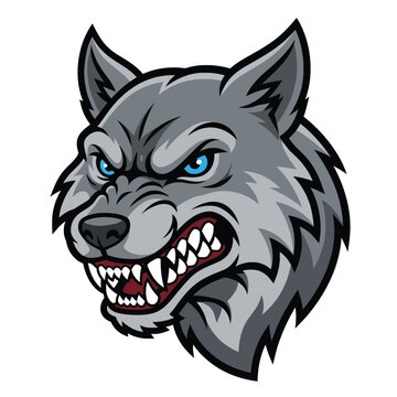 Aggressive cartoon wolf head graphic with fierce expression for branding and logo designs