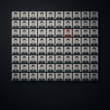 Grid of identical ID portraits with one outlined in red