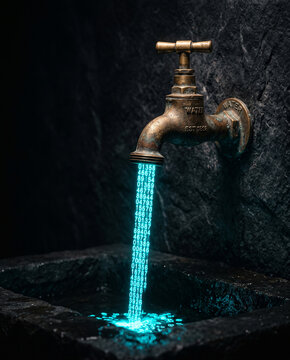 Brass tap pouring luminous digits instead of water