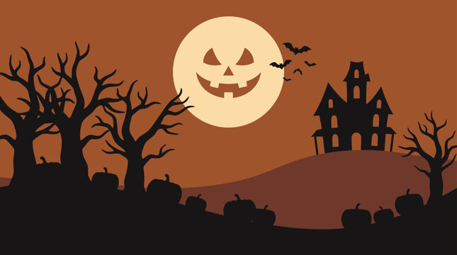 A spooky and delightful halloween scene vector illustration featuring a jack o' lantern moon silhouetted trees and a haunted house for festive