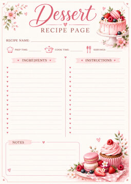Elegant pink dessert recipe page template with floral decorations, cake, cupcake, macarons, and berries. Perfect for organizing and writing favorite dessert recipes.