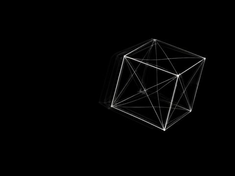 Abstract 3d geometric wireframe cube structure with glowing white lines and vertices on a solid black background, for technology concepts