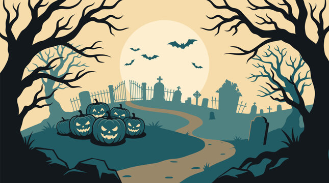 A spooky and eerie halloween cemetery scene vector illustration featuring bare trees tombstones flying bats and a mystical atmospheric background for seasonal