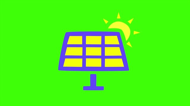 A 2D cartoon purple solar panel grid absorbing bright yellow sun rays on a green screen background for chroma key background for video editing.