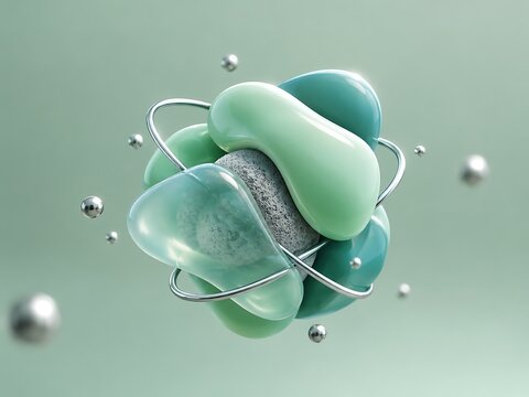 Abstract 3d composition with smooth mint green organic shapes, a central textured stone sphere, and thin metallic rings floating in space