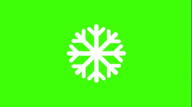 A minimalist 2D graphic showing a white symmetrical snowflake icon on a green screen background for chroma key background for video editing.