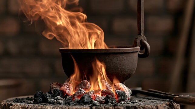 Smiling blacksmith forge glowing. Funny blacksmithing photo. Smiling forge glowing warmly, contented look, dark brick wall.
