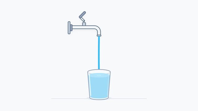 Vector illustration of a tap pouring clean drinking water into a glass, symbol of hydration and purity