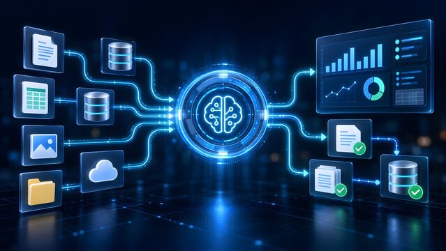 Centralized artificial intelligence processing node transforming unstructured digital data from multiple sources into organized business analytics and secure storage