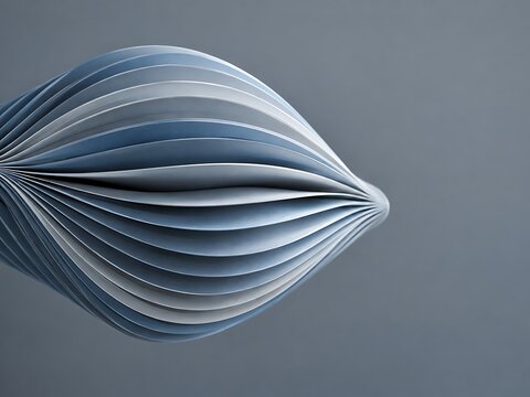 Abstract 3d paper sculpture with layered curved shapes in shades of blue and white, creating a soft gradient effect on a solid grey background