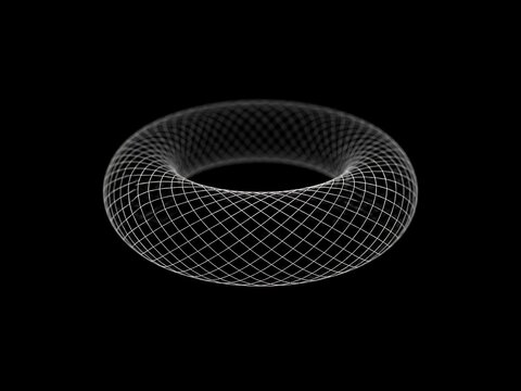 Abstract 3d torus shape with a white grid wireframe pattern on a solid black background, for digital and, technology visualization themes