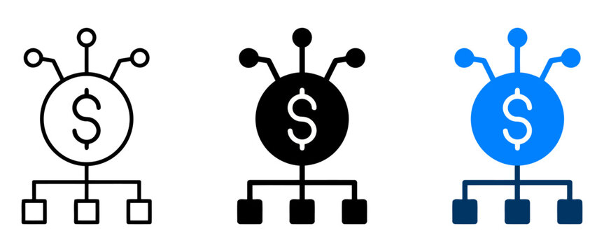 Financial distribution network icon set, digital dollar currency flow vector, fintech money allocation and investment strategy symbols
