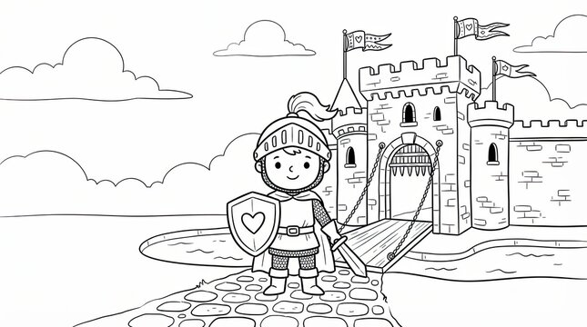 Little knight standing with a sword and shield in front of a castle