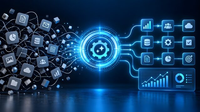 Futuristic data processing concept illustrating chaotic information being transformed into organized digital workflow and structured business analytics dashboard