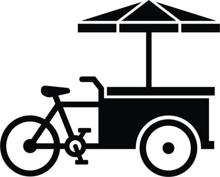  Mobile street food bicycle cart with umbrella minimal black silhouette icon vector illustration for restaurant marketing and app design