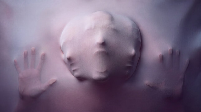 Multiple Faces Behind Translucent Fabric Symbolizing Mental Distress and Fragmented Identity